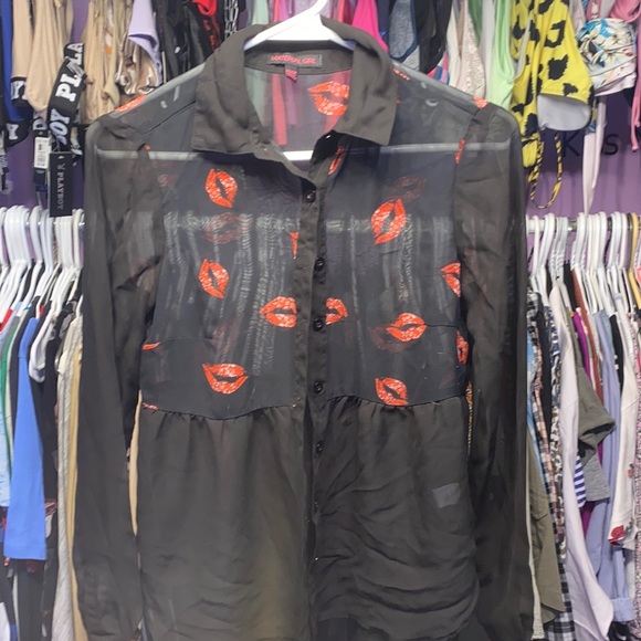 Material Girl Tops - Black ladies Top Blouse blac red lips see through material mesh Material Girl XS